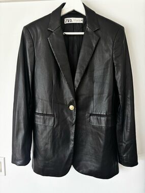 Zara Black Faux Leather Blazer Jacket